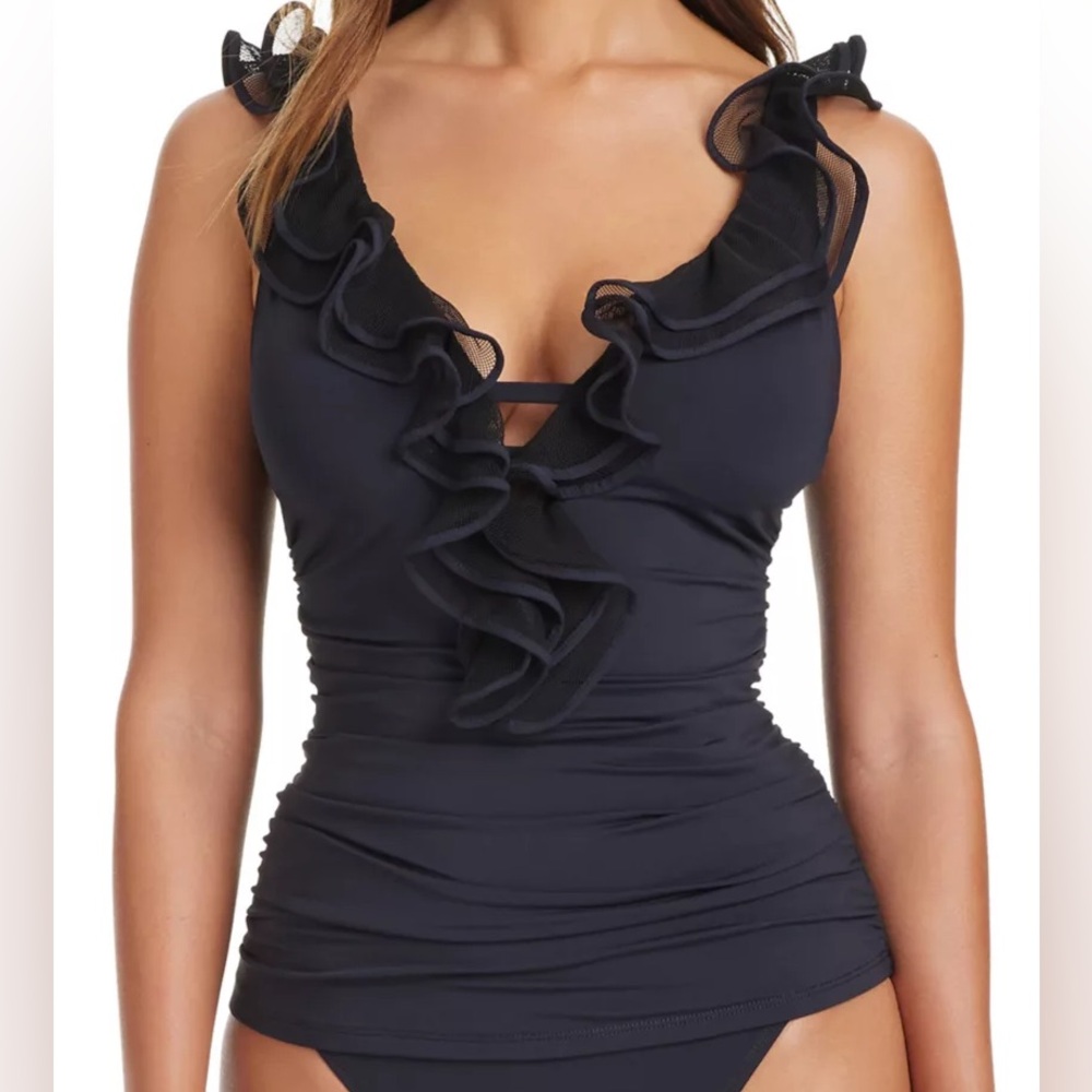 BLEU ROD BEATTIE frill seeker black ruffle accent tankini swim top size 8 NWT